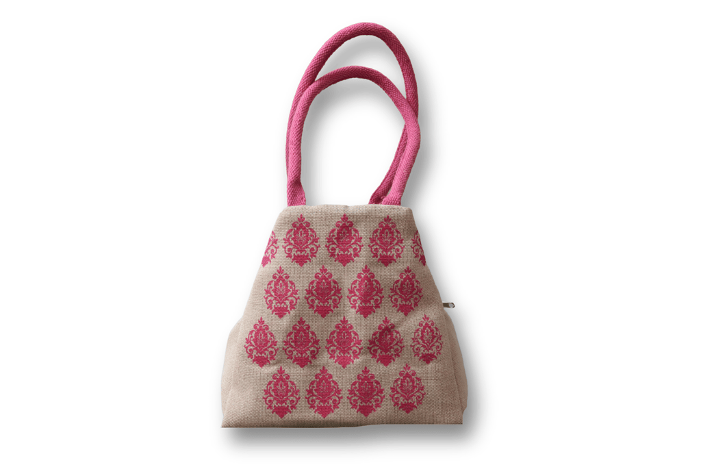 Stylish and Trendy Jute Tote Bag with Pink Floral Print his stylish and trendy jute tote bag view 2