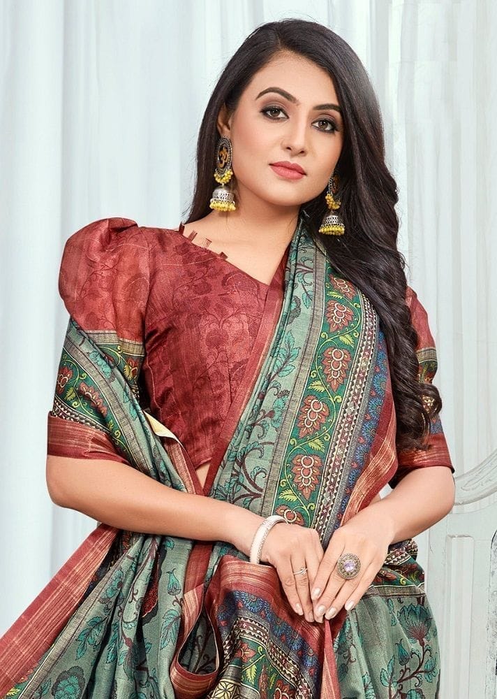 Digital Printed Cotton Silk Saree in Dusty Green and Multicolor view 2