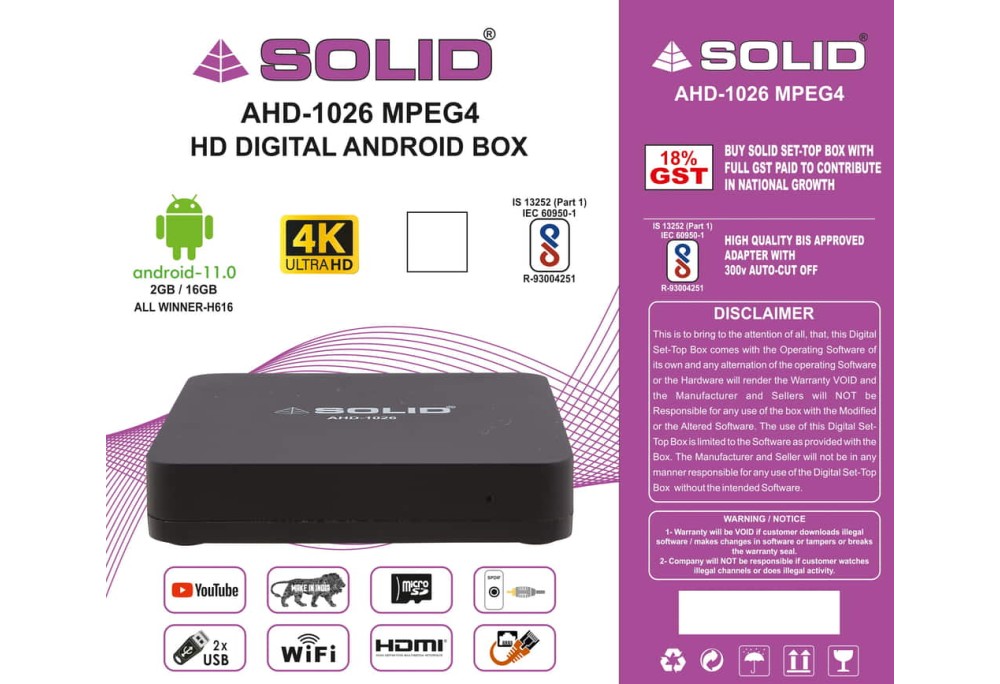SOLID AHD-1026 Android 10 TV 4K Box WITH 2GB RAM /16GB ROM