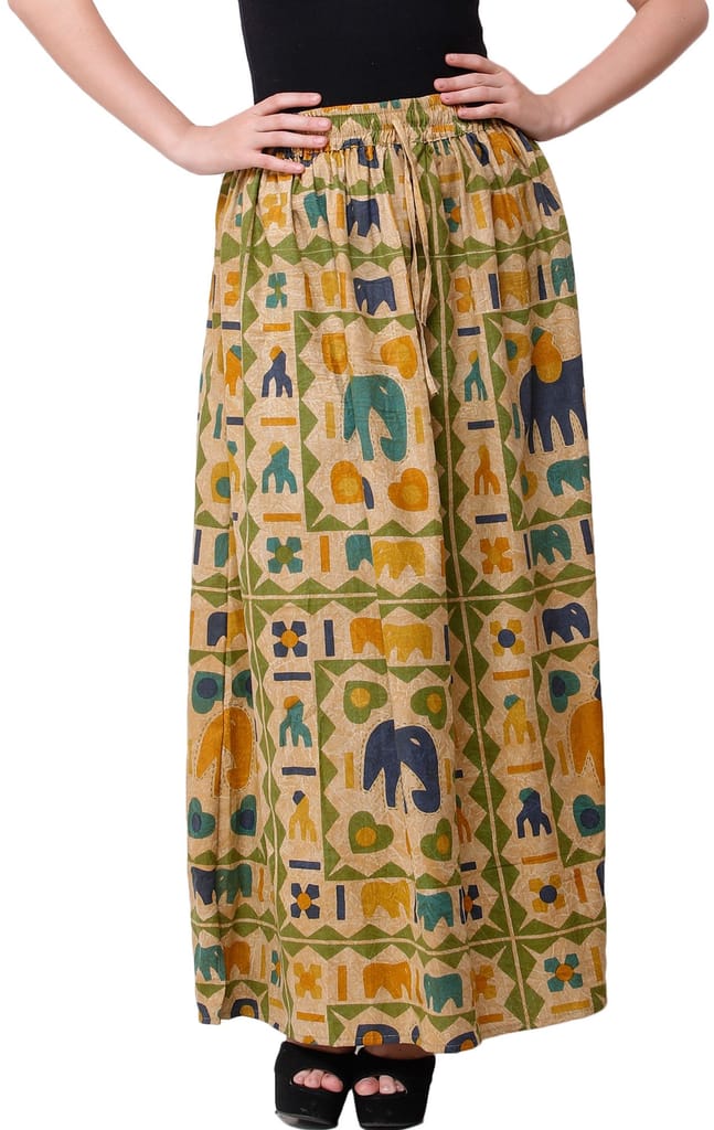 Italian-Straw Stone-Washed Long Elastic Skirt with Printed Elephants view 2