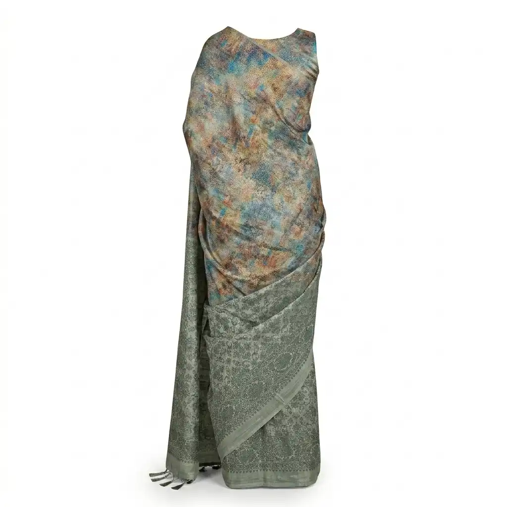 Gray Green Sambalpuri Saree view 2