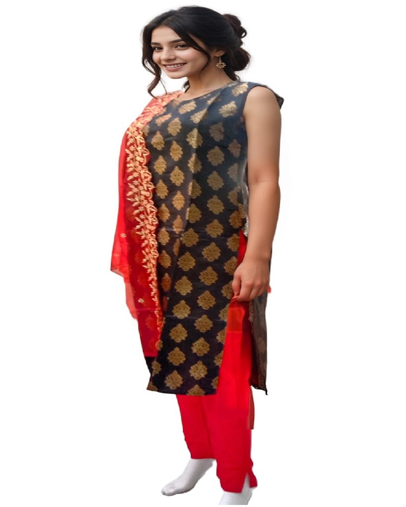 MyCOST Zari Weave Jacquard Festival wear Kurta Pant Dupatta Set, Sleeves attached view 2