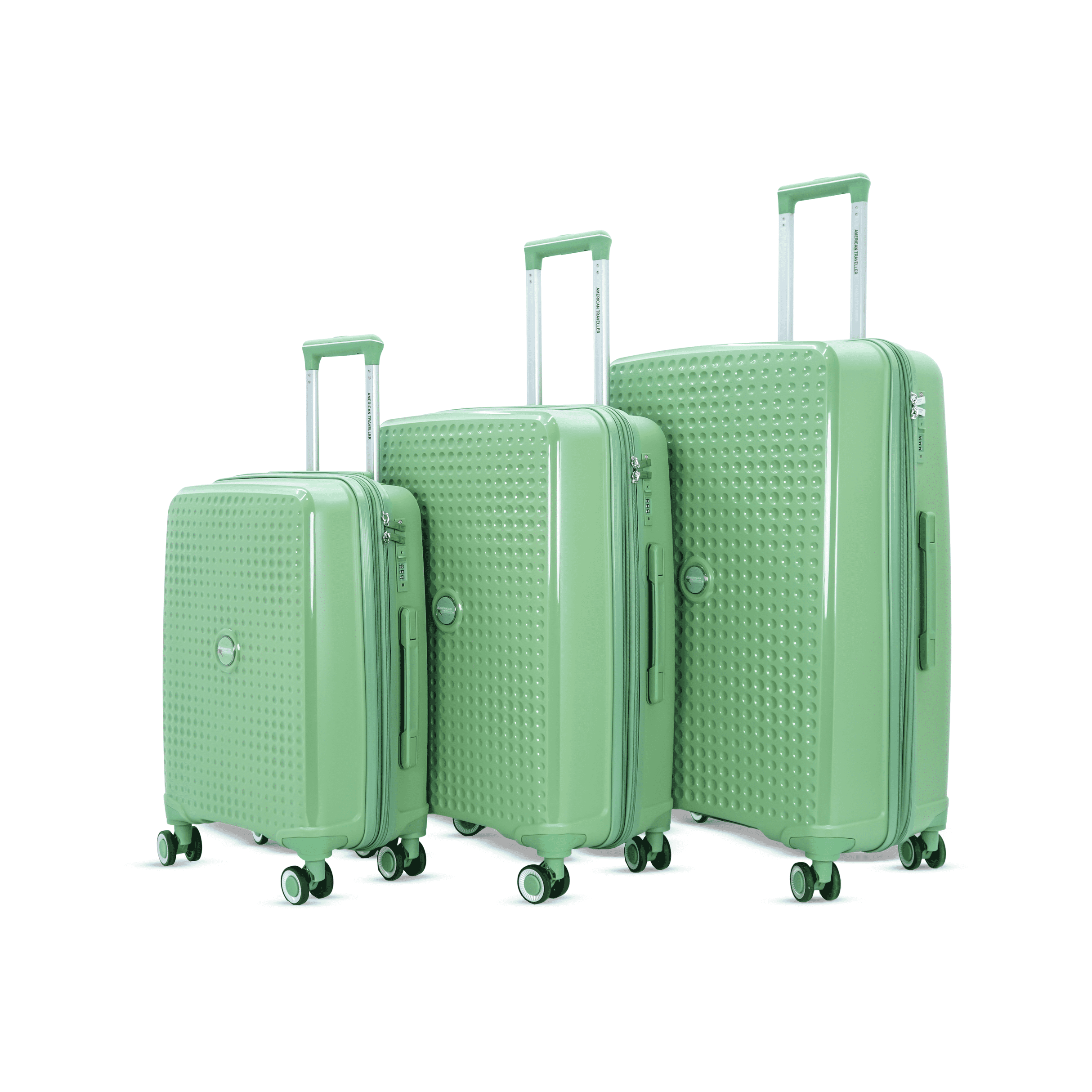 American Traveller Tourispro 2.0 Trolley Bags Lightweight Set of 3 Large and Expandable Suitcase Hardshell Polypropylene Travel Luggage Bag with TSA Type Lock & 8 Disc Wheels. (3, Mint Green)