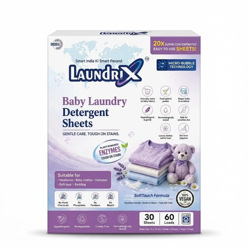 Laundrix™ Baby Laundry Detergent Sheets | Ultra Gentle & Hypoallergenic | Free from Chemicals | Safe for Newborns & Sensitive Skin | Eco-Friendly, Biodegradable (30 SHEET (UP TO 60 WASH))