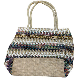 Handcraftedt jute tote bag with colourful zigzag design eco-friendlu Sling Bag (White, Blue, Green, 8 L) view 2
