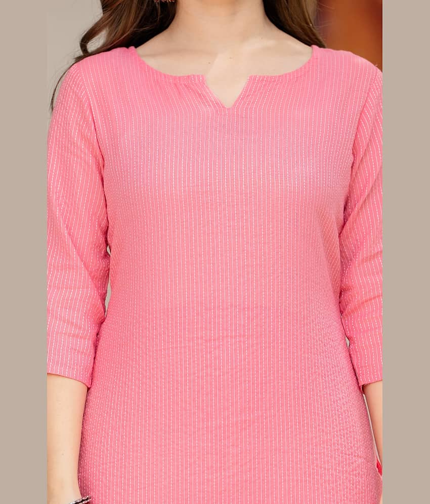 MAUKA Women Cotton Solid Straight Kurti With Pants ( Pink ) view 2