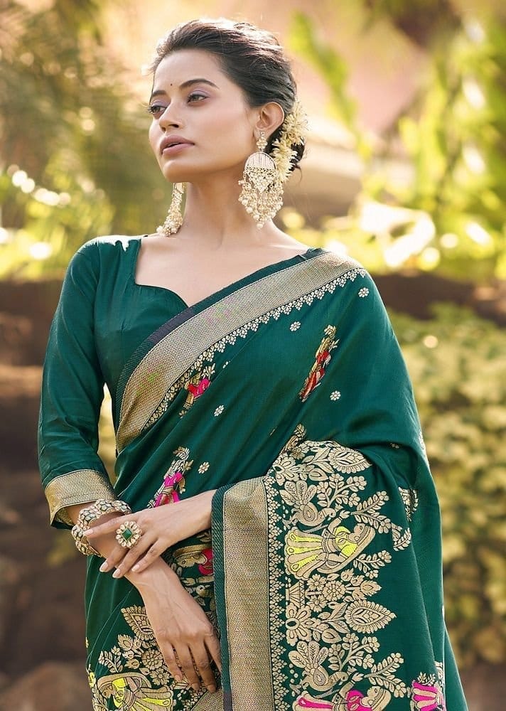 Woven Art Silk Saree in Dark Green view 2