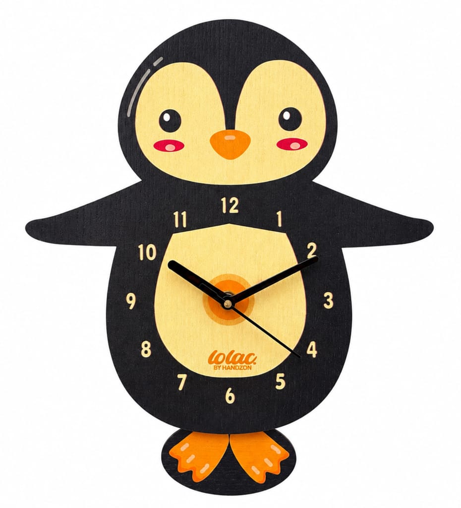 LOLAC Pingu Penguin Wooden Pendulum Wall Clock for Kids, 5+ Years