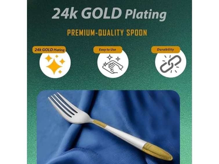 Parage 6 Pieces Stainless Steel 24k Golden Forks Set, 18 cm Long, Premium Cutlery for Home & Kitchen, 24 Karat Gold Plated Table Forks, Ivory Design view 2