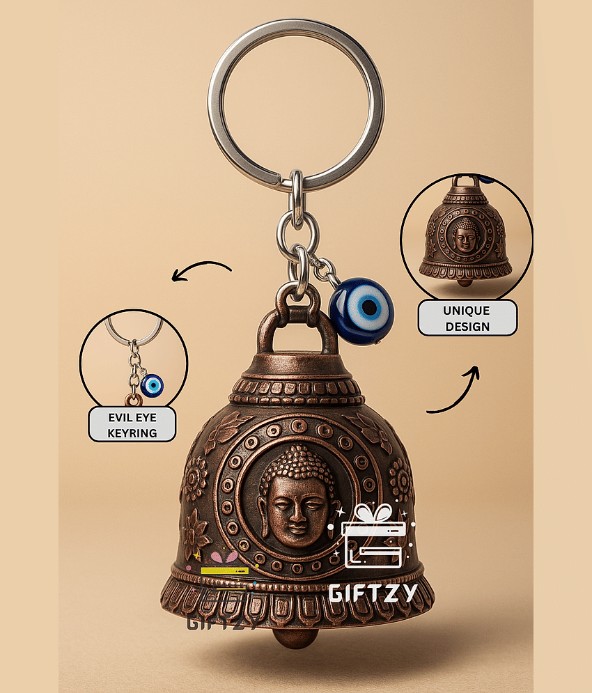 Buddha Guardian Bell Keychain with Evil Eye | Antique Red Finish Protective Lucky Bell for Riders | Spiritual Bike/Car Keyring & Gift for Men & Women view 2
