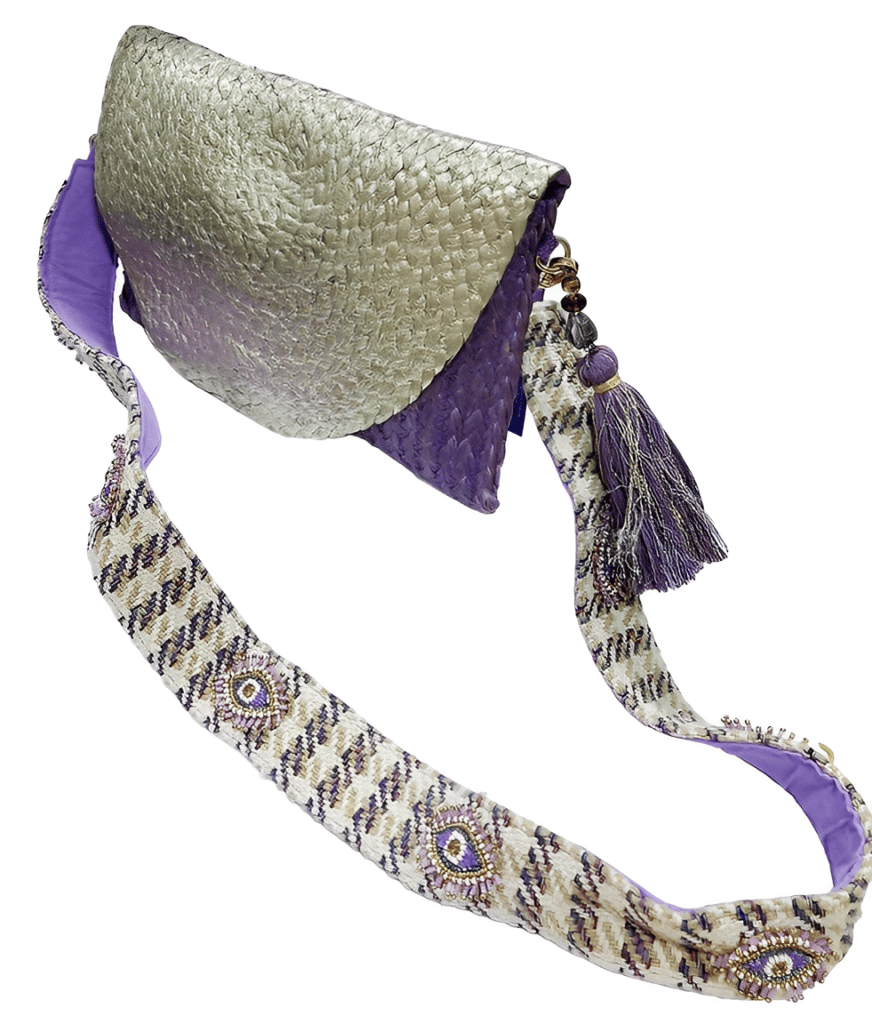 Coloured Foil Jute Sling Bag with Jaquard Handle and Beautiful Handmade Tassel view 2