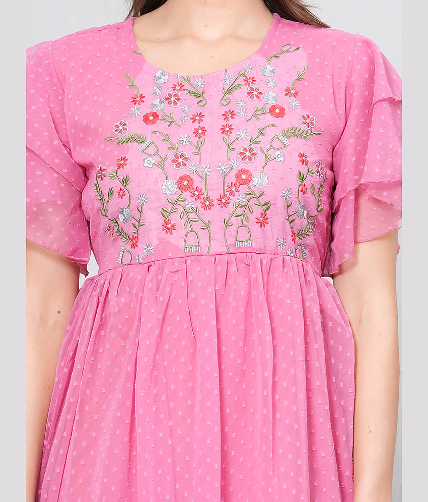 JC4U Women Crepe Printed Fit & Flare Dress ( Pink ) view 2