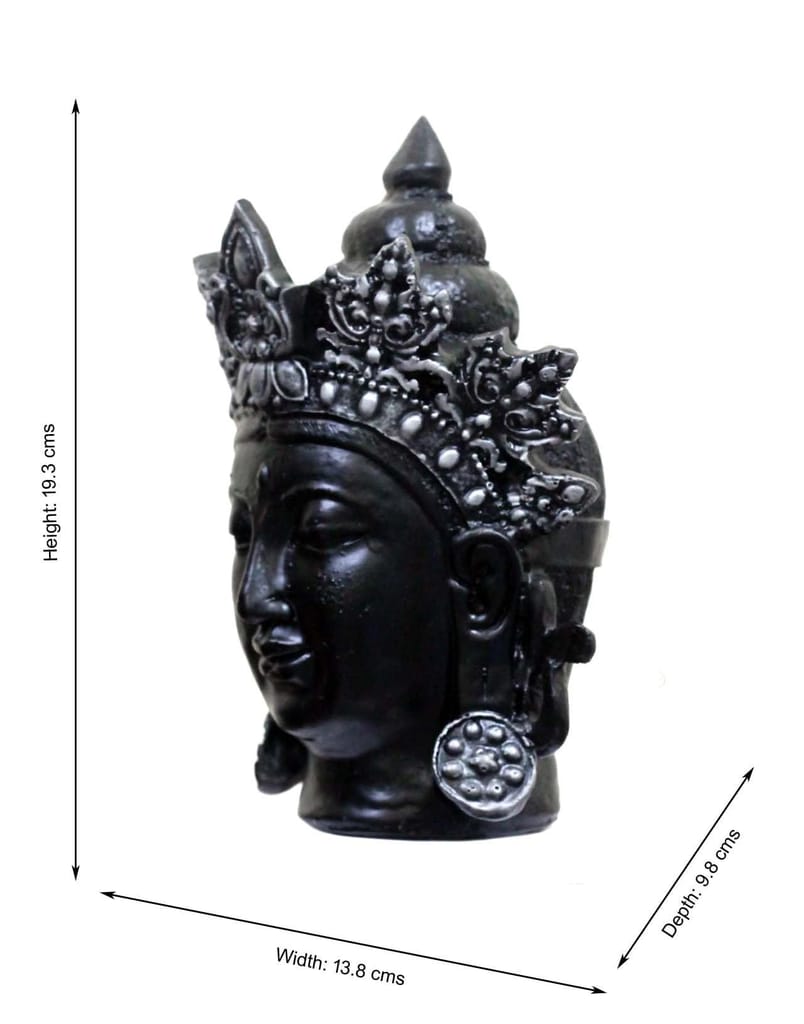 COPPERHOARD Black Silver Resin Tara Devi Goddess Tara Meditating Buddha Head Statue with Beautiful Smile and Crown for Home Decor and Gifting. view 2