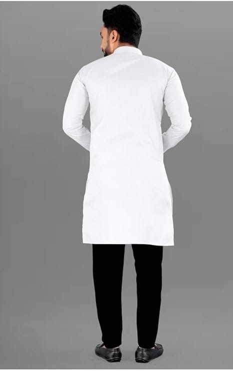 White Cotton Blend Long Kurta For Men view 2