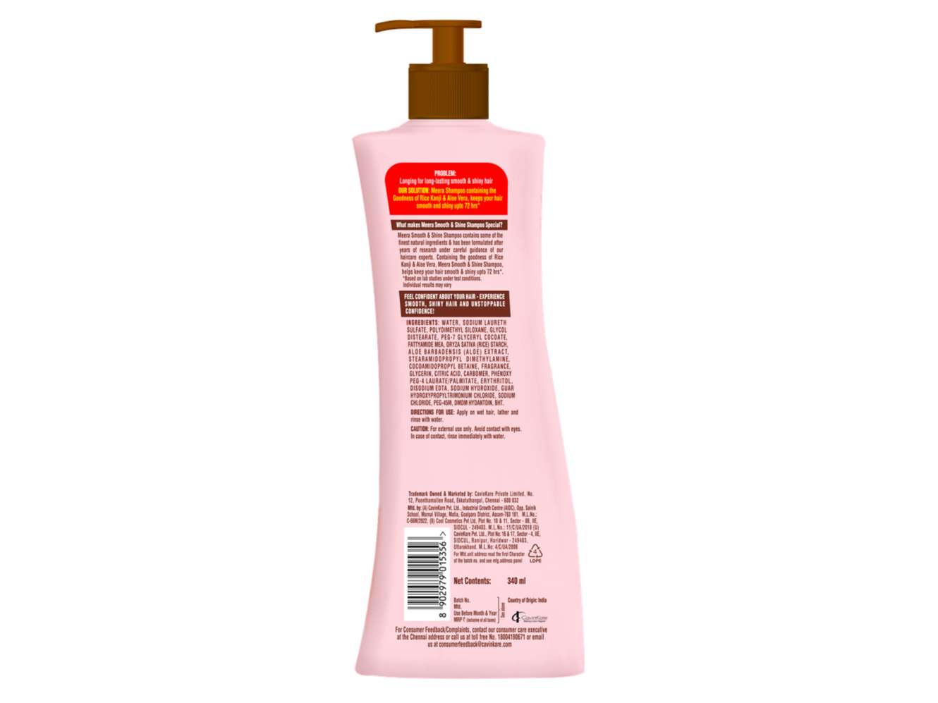 Meera Smooth & Shiny Shampoo with Rice Kanji & Aloe Vera, 340 ml - Up to 72H Smoothness & Shine - For Men & Women view 2