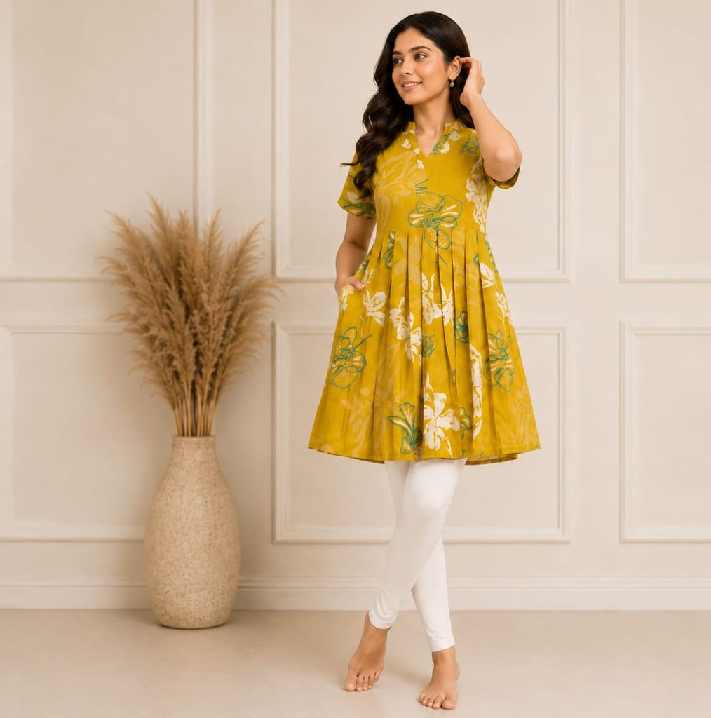 Women Mustard Yellow Floral Printed Pleated Kurta
