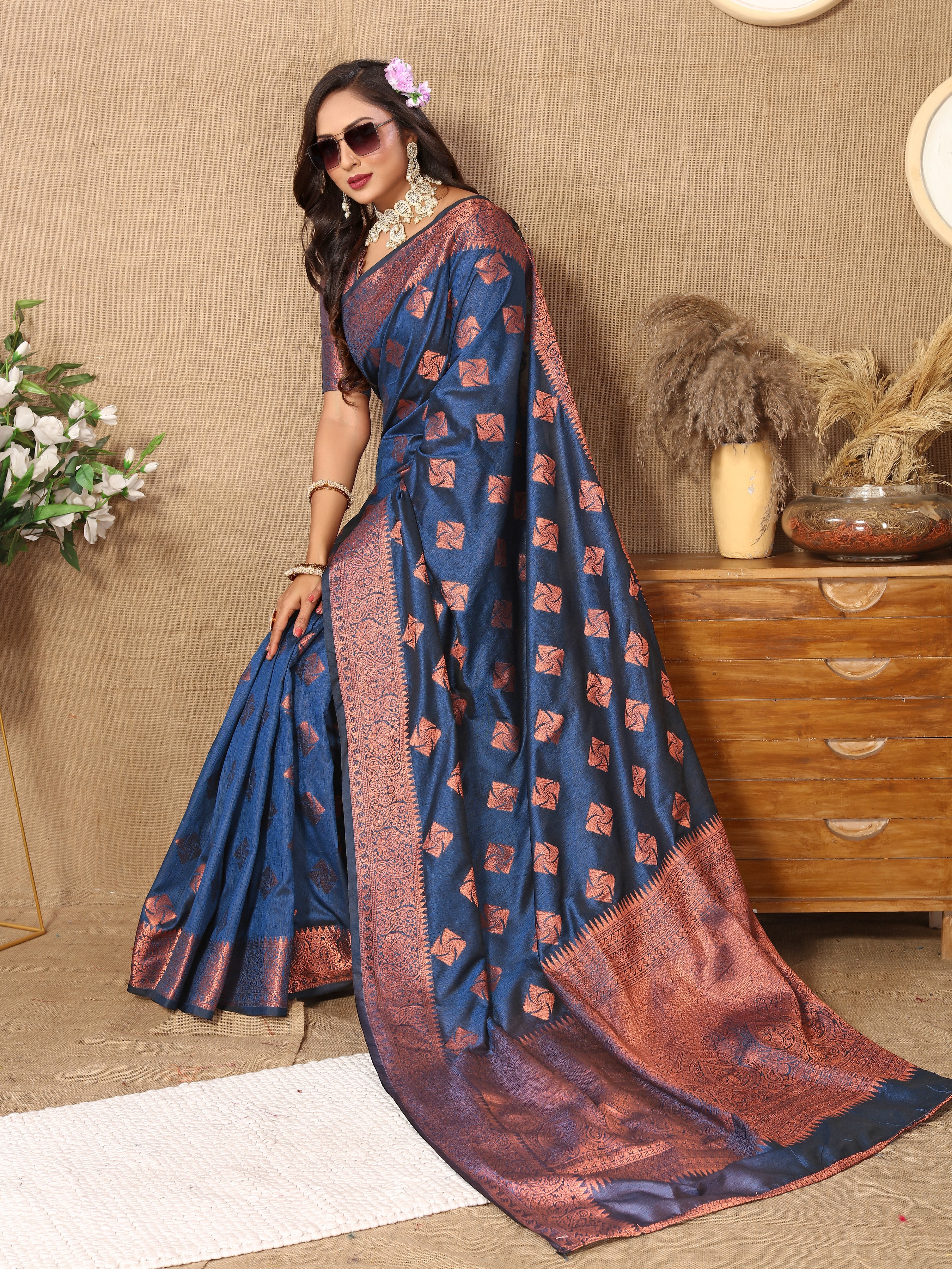 Soft katan silk saree with copper zari weawing... view 2
