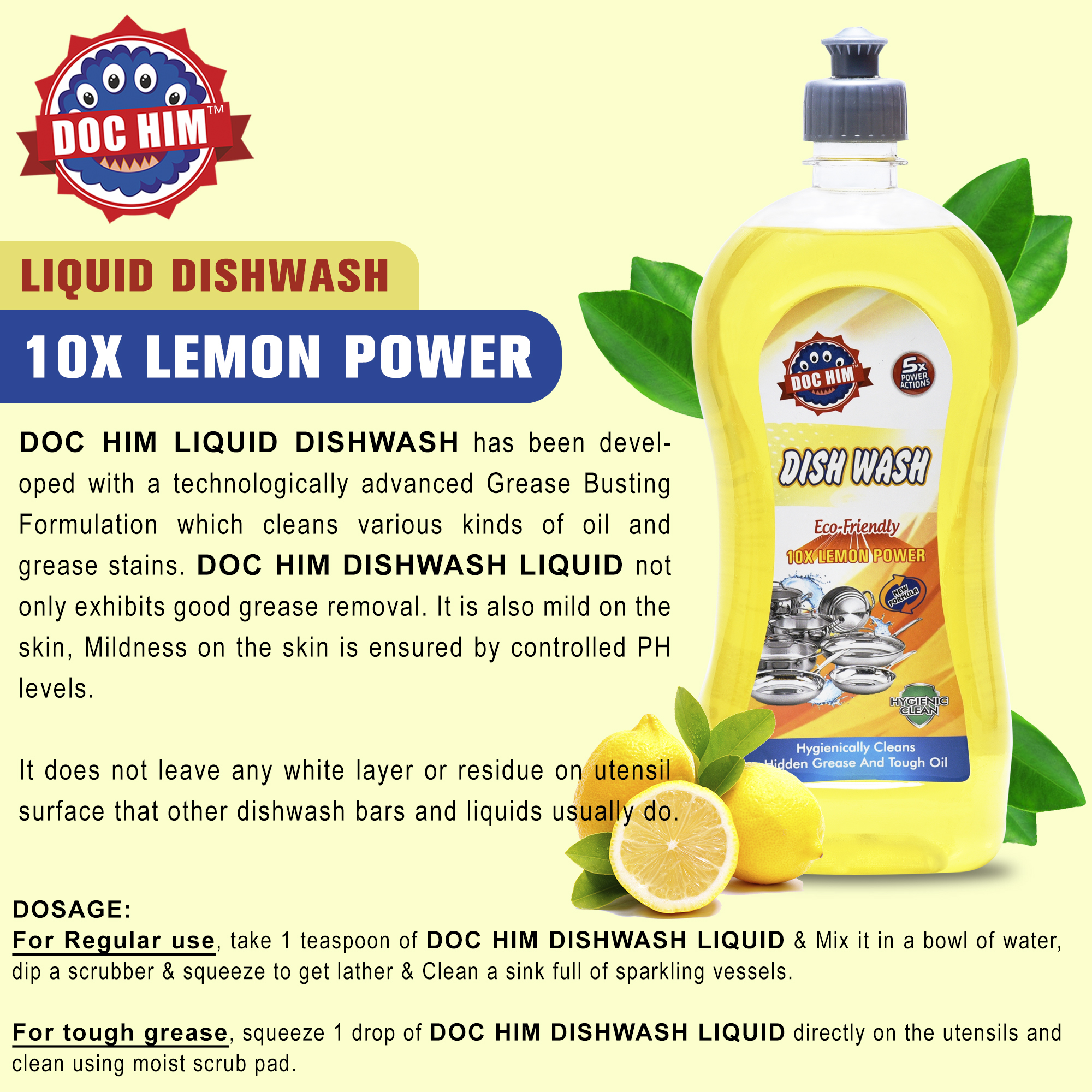 Doc Him Lemon Dish Wash Liquid 1 Litre | Powerful Grease Removal, Long-Lasting Fresh Shine | Pack of 5 view 2