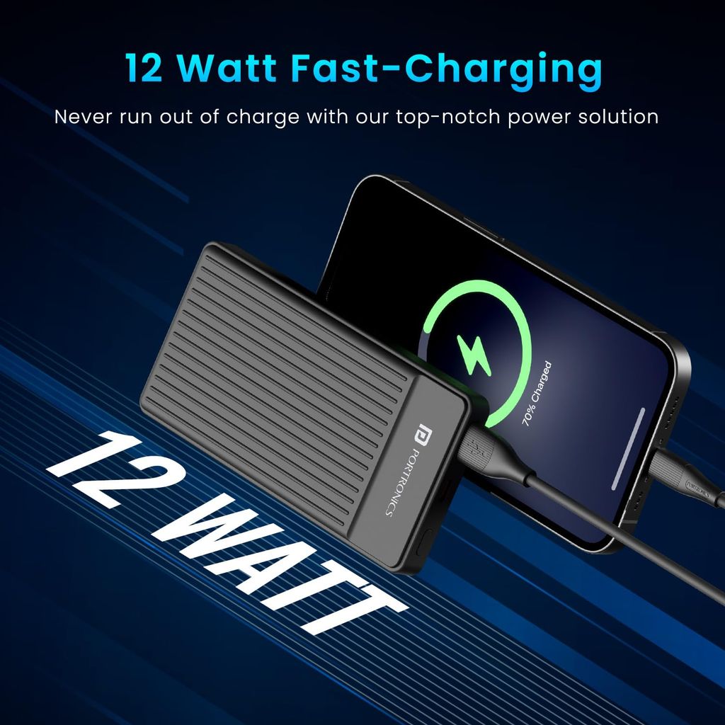 Portronics Luxcell B12 10,000mAh 12W Power Bank, Ultra Slim Power Bank with USB-A Output Port & Dual Input Ports (Micro & Type C) | BIS Certified | Free Type C Cable| Made in India view 2