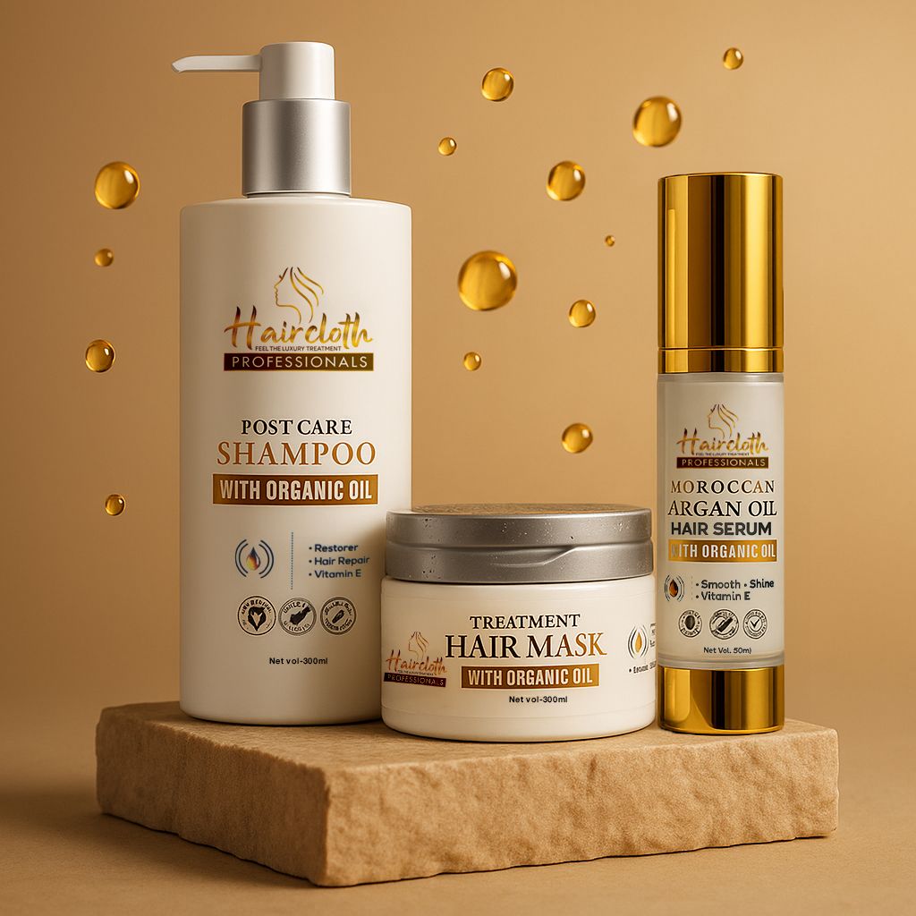 Haircloth Professionals Retail Kit Combo (Post Care Shampoo 300ml + Treatment Mask 300ml + Argan Oil Serum 50ml) – Complete Hair Repair & Nourishment Set view 2