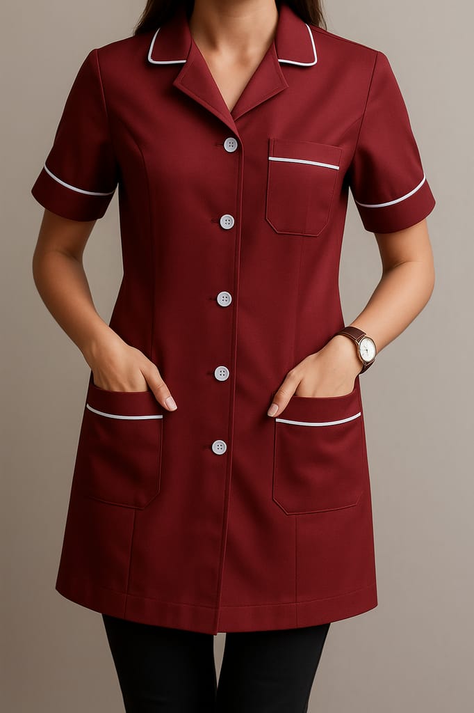 Unisex Staff Apron | 3-pockets Apron | Maroon Color | Comfortable | Durable | Best Fitted For Medical Professionals (Staff, Nursing & Lab Technicians) view 2