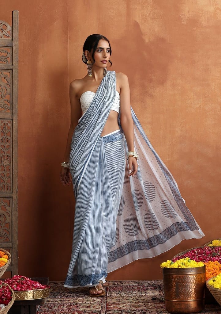 HOC Crafts Hand Block Chiffon Printed Women's Saree - White view 2