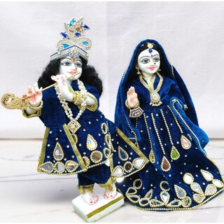 Designer Radha Krishna Poshak | Royal Blue Velvet Kundan Work Outfit view 2