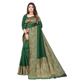 LEAFSY Woven Banarasi Pure Silk Saree (Green)