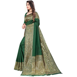 LEAFSY Woven Banarasi Pure Silk Saree (Green) view 2
