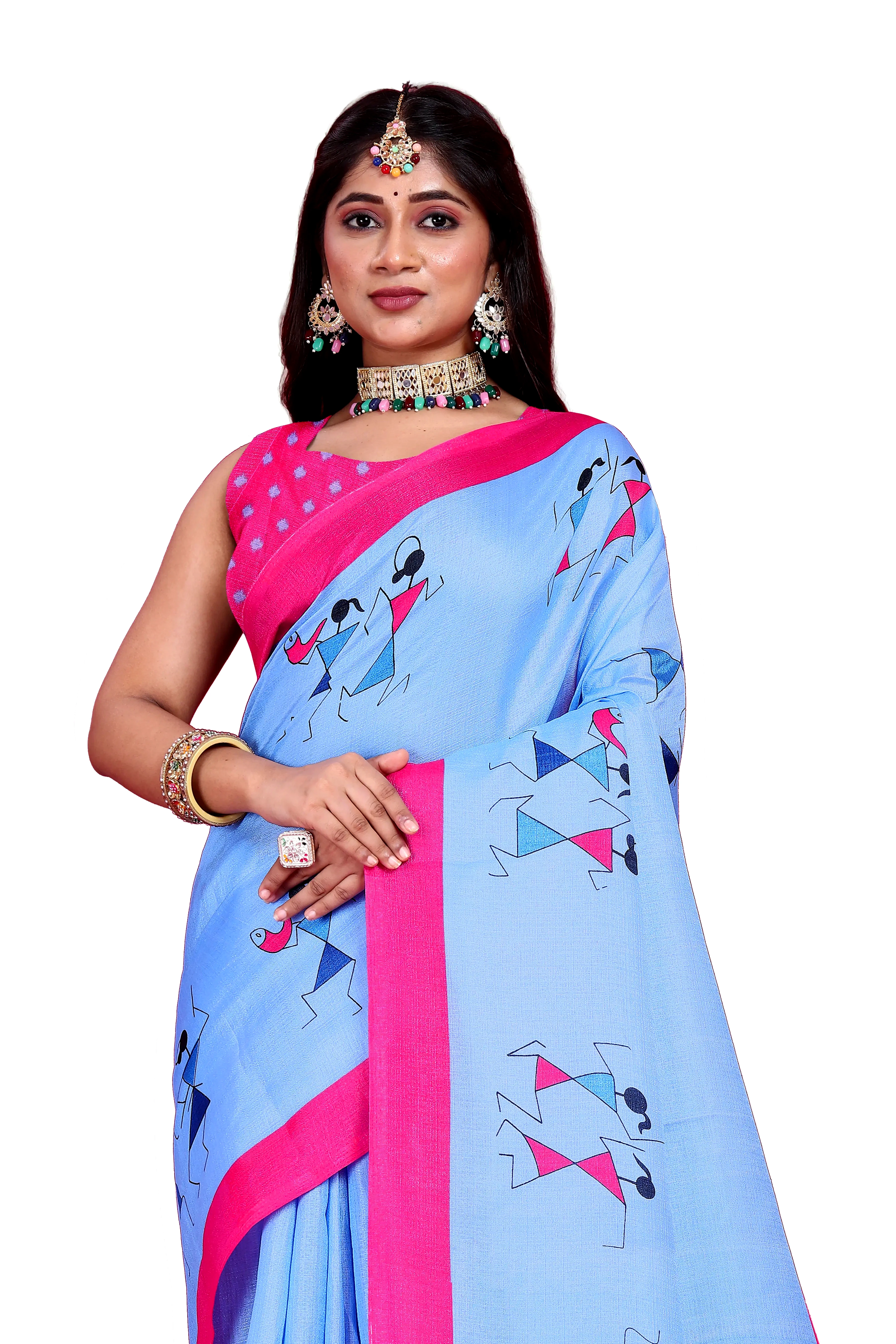 Khadi Silk Warli Printed Saree with Unstitched Blouse for Women (Color - Blue) by SHIV TEXTILES view 2