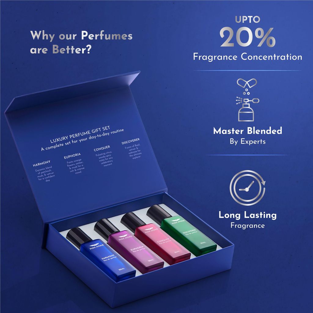 Park Avenue Luxury Perfume Gift Set for Men, 4x20 ml | Euphoria, Conquer, Harmony & Discoverer Perfume | Eau De Parfum | Premium Luxury Perfume for Corporate Man | Perfume for men Long Lasting Smell view 2