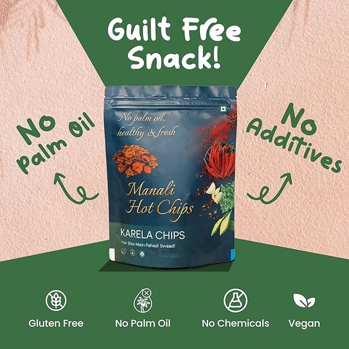 Manali Hot Chips Organic Karela Chips Flavor 55g | Farm Fresh Thin & Crunchy Crispy Snack | No Palm Oil(Pack of 2) view 2