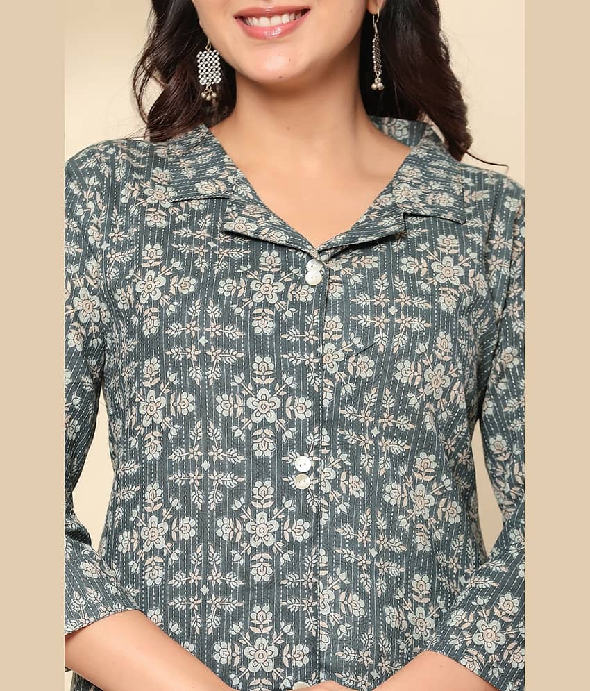 Flamboyant Cotton Printed Kurti With Pants Women's Stitched Salwar Suit - Grey ( Pack of 1 ) view 2