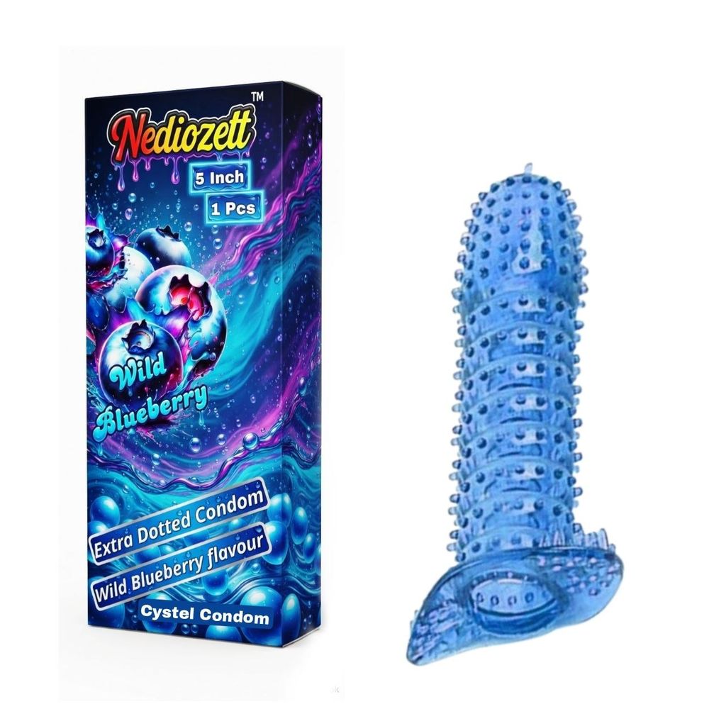 Nediozett Crystal Condom Wild Blueberry Flavor For Long Last Action Silicone Reusable Condom Extra Dotted 5 inch (Pack of 1)