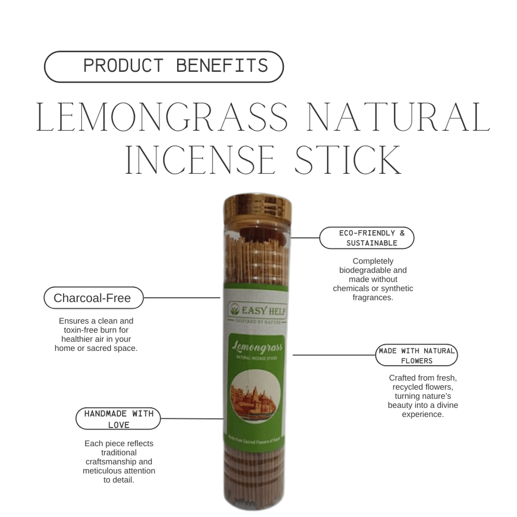 Lemongrass Incense Sticks – Handcrafted, Made with Natural Flowers, Charcoal-Free, Long-Lasting Fragrance