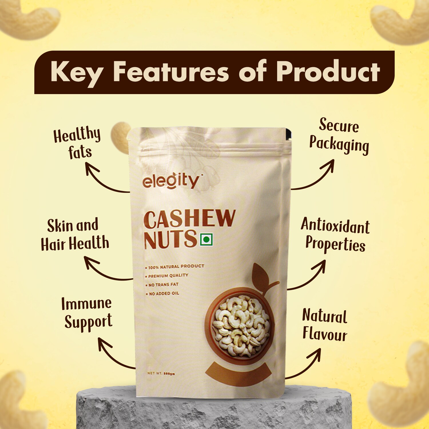 Elegity 100% Natural Plain W320 Cashew Pouch 500 gm | Whole Kaju - Nutritious, Delicious & Crunchy | No Added Preservatives in Dry Fruit | Source of Fibre, Rich in Protein