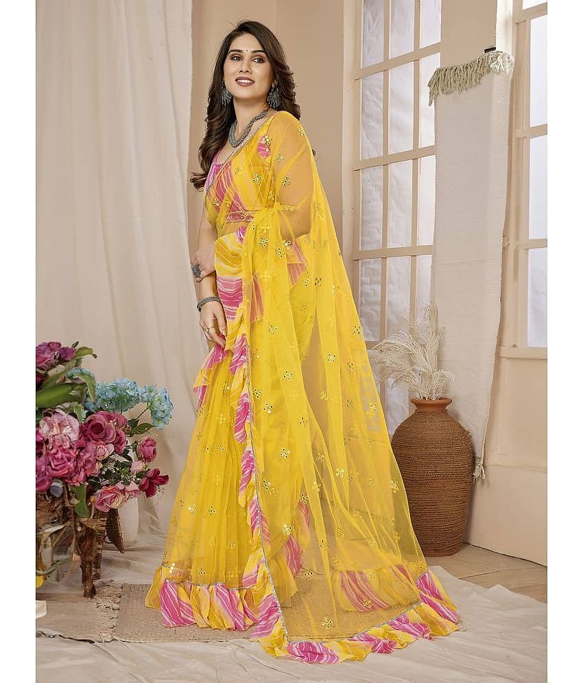 BLEESBURY Net Embroidered Saree With Unstitched Blouse Piece ( Yellow ) view 2