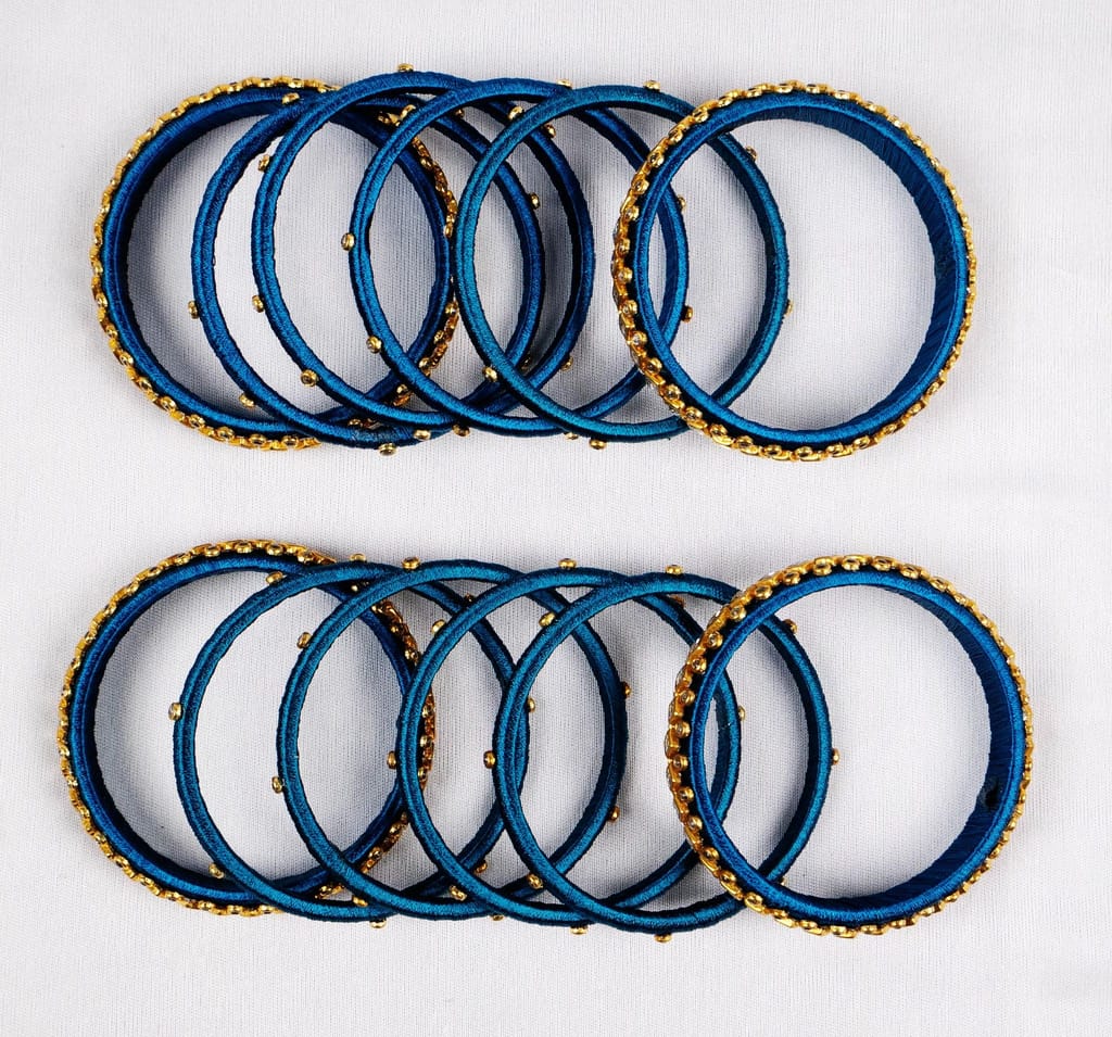Set of 16 Designer Silk Thread Bangles with Kundan Stones in Peacock Blue view 2