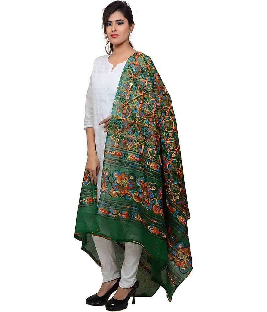 Apratim Green Cotton Phulkari Dupatta - Single view 2