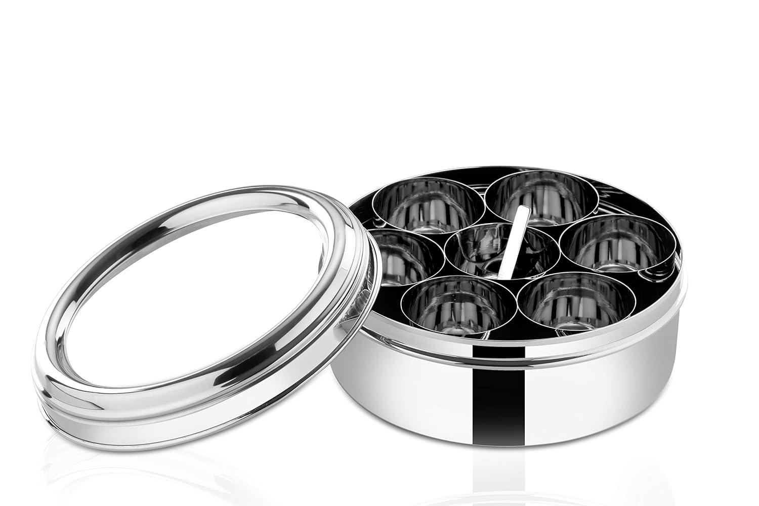 LLM Stainless Steel Masala Dabba with 7 Compartments, See-through Lid, Mirror Finish, Silver view 2