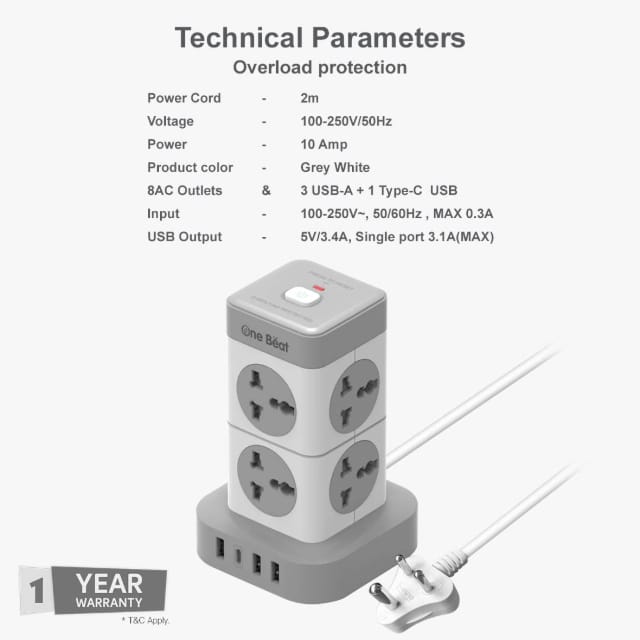 One Beat Mini Tower Extension Boards with USB Port with Universal Sockets and USB Charging Ports with Indicatori Plug Socket (8 Socket + 3 USB + 1 Type C), 250 Volts, White view 2