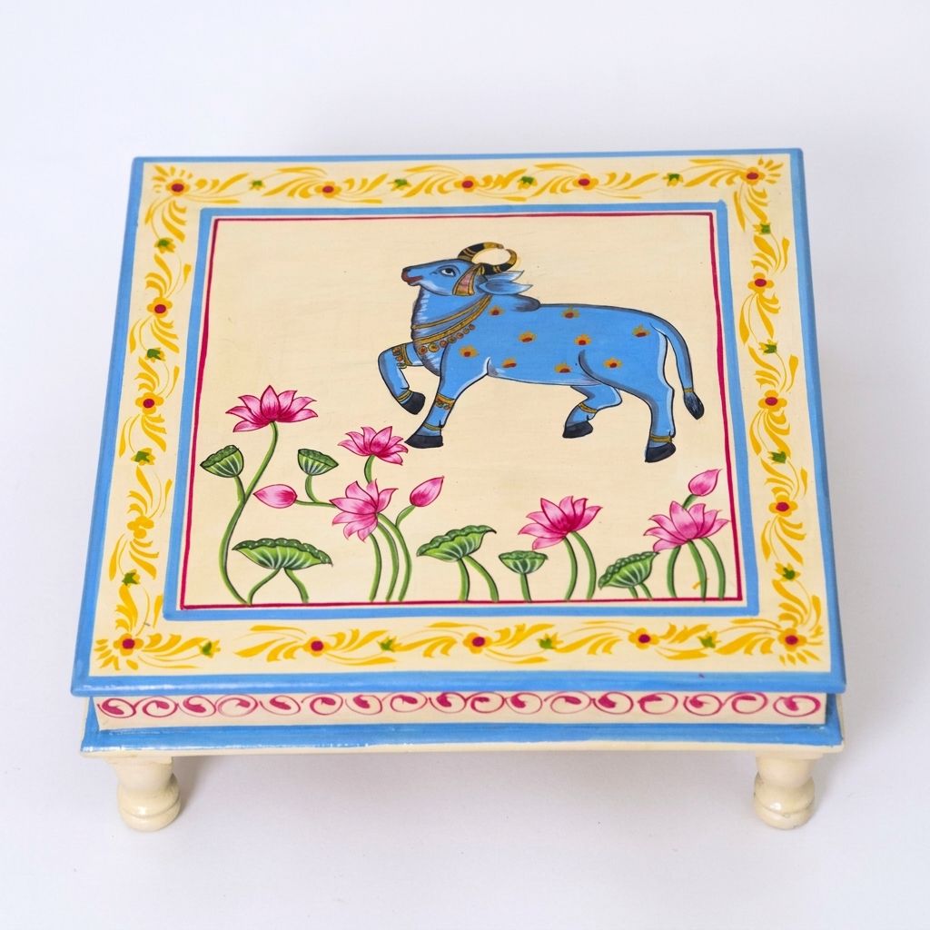 Hand painted pichwai art cream color wooden chowki / Bajot view 2