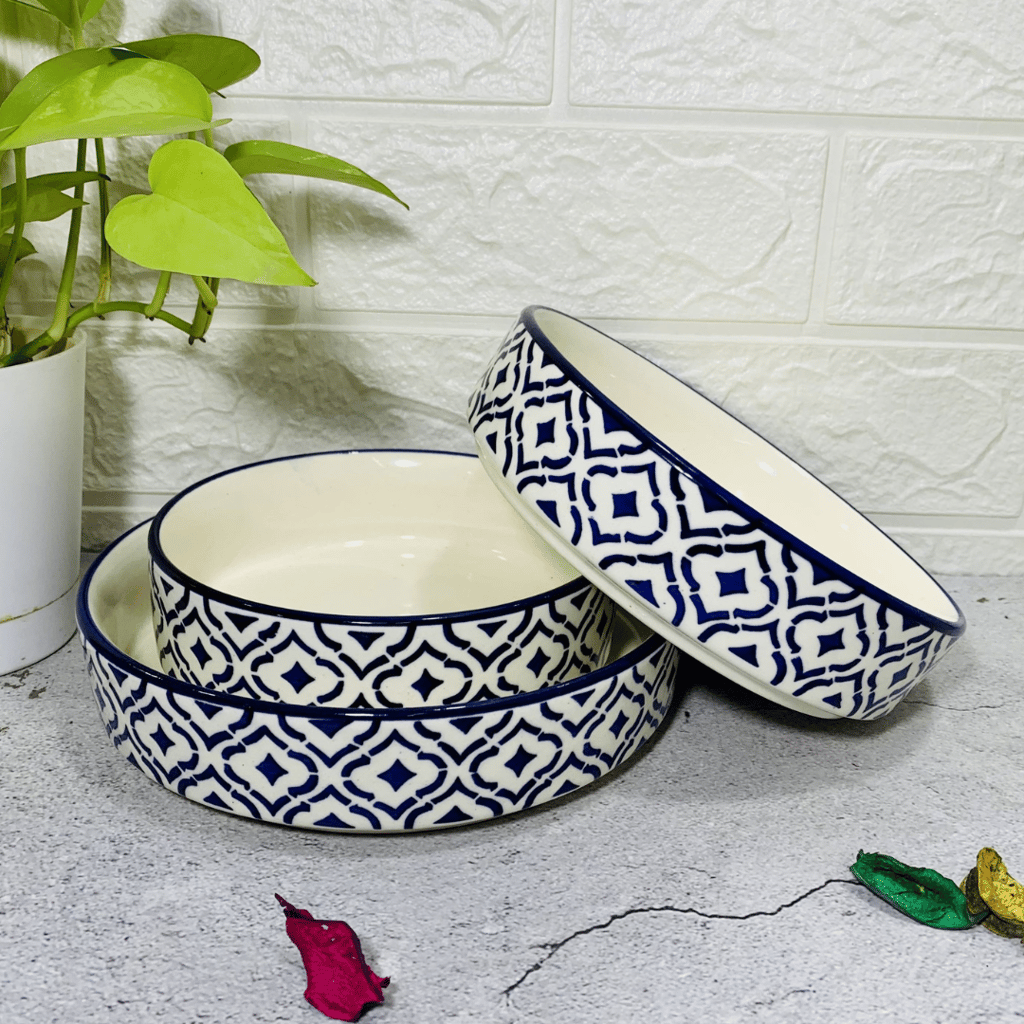 Homefrills Studio Pottery Hand-Painted Ceramic Salad Tray/Bowl, Salad Plate for Serving Snacks, Fruits, Salad, Noodles & Pasta Microwave Dishwasher Safe/BPA & Lead Free -Set of 3 Color -Blue view 2