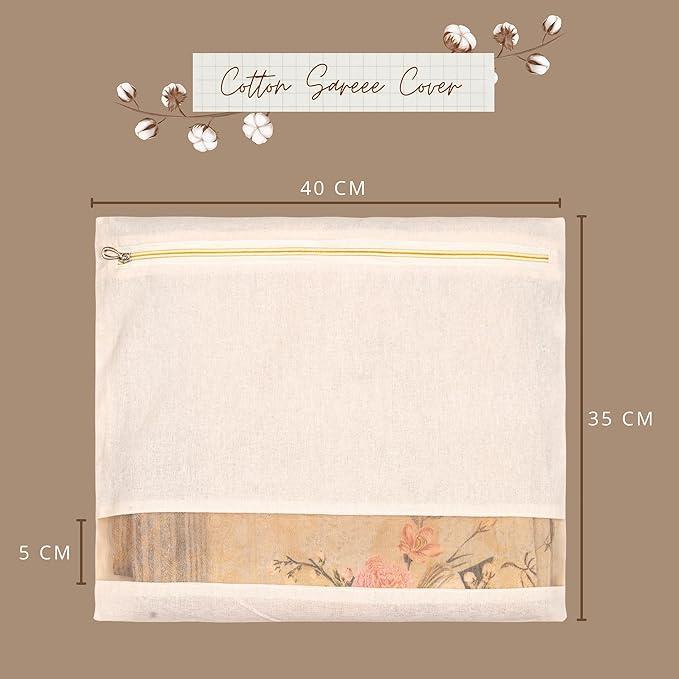 Panchhi Store Cotton Saree Covers for Storage | Saree Bags with Zipper 16x14 Inches | Cloth Organizer for Wardrobe, Storage Organiser Transparent Mesh Window Saree Organiser beige Color view 2