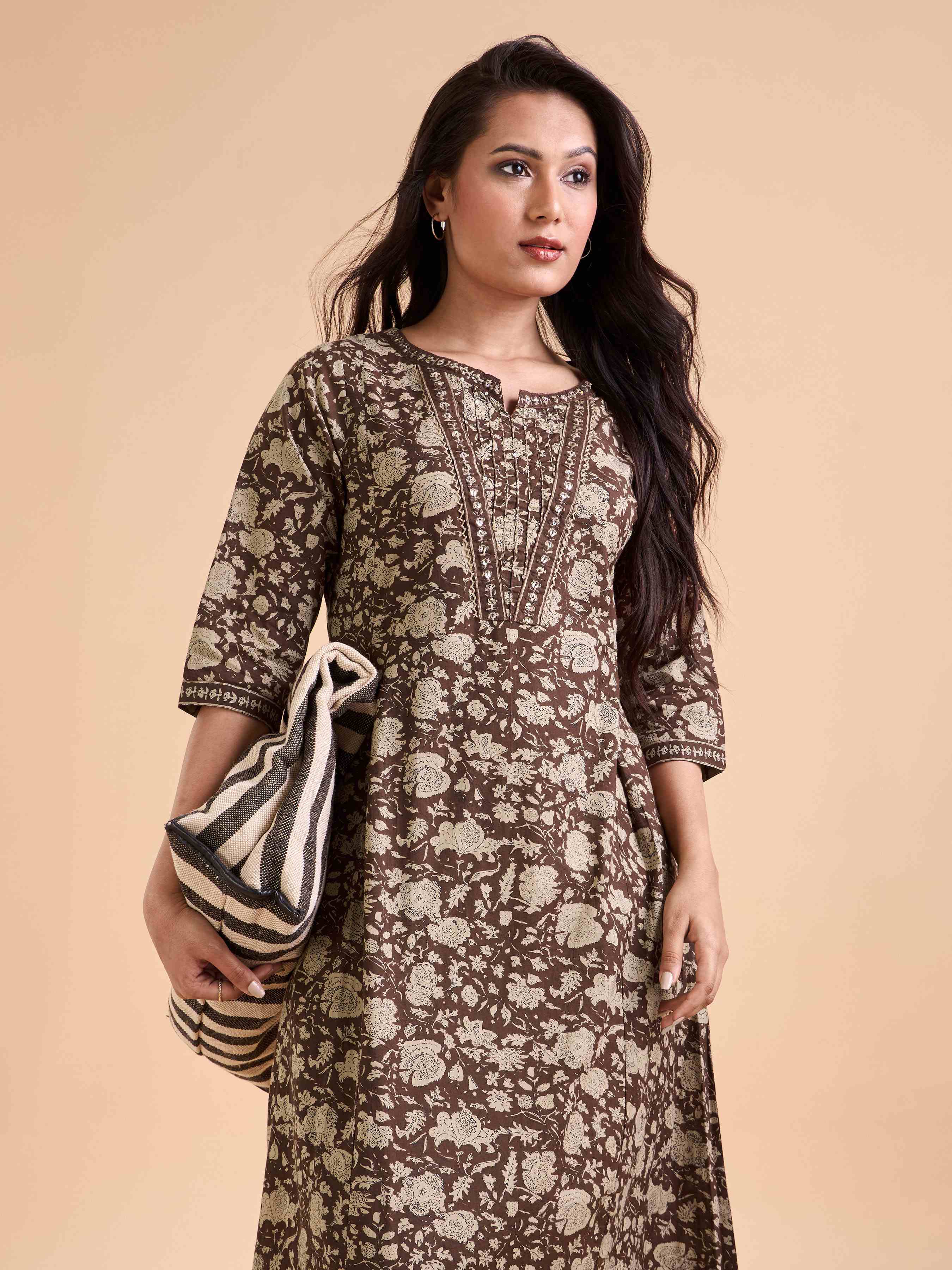 Coffee Brown And Ivory Pure Cotton Printed Kurthi With Embroidery view 2