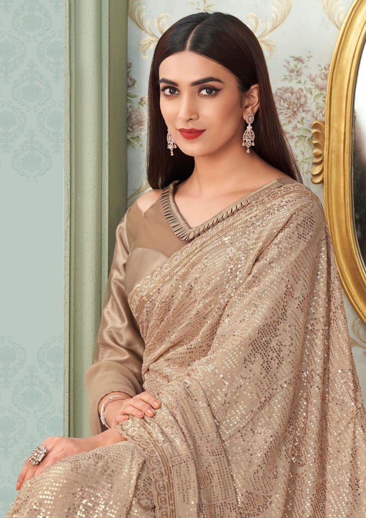 Embroidered Georgette Saree in Beige view 2