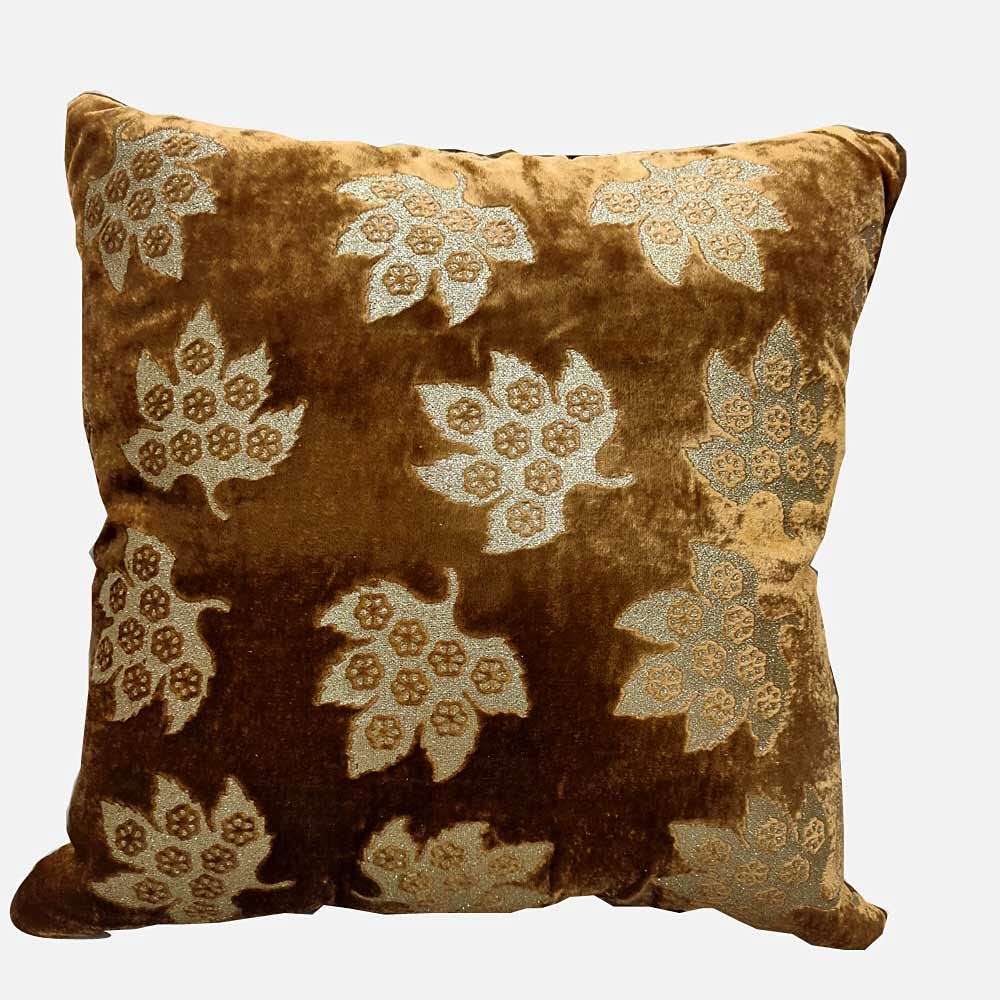 Brown Cushion Cover with Leaf Zari Embroidered Stitched Zippered Velvet Combo Cushion Cover (Gold ) | 16X16 Inches | 40cm * 40 cm I Set of 5 view 2