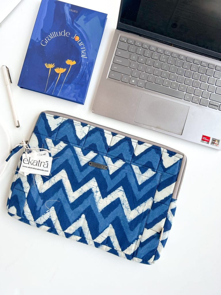 Sustainable Handmade Cotton Laptop Sleeve/Laptop Cover by Ekatra -Indigo Chevron view 2
