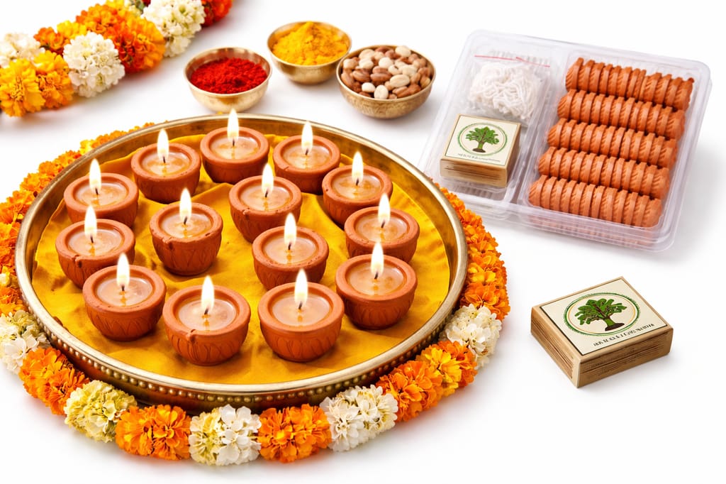 Mud Diya (60 Pcs) with Cotton Wicks & Matchbox | Ready-to-Use Oil Lamps for Diwali, Pooja & Decoration | EYA Garden view 2