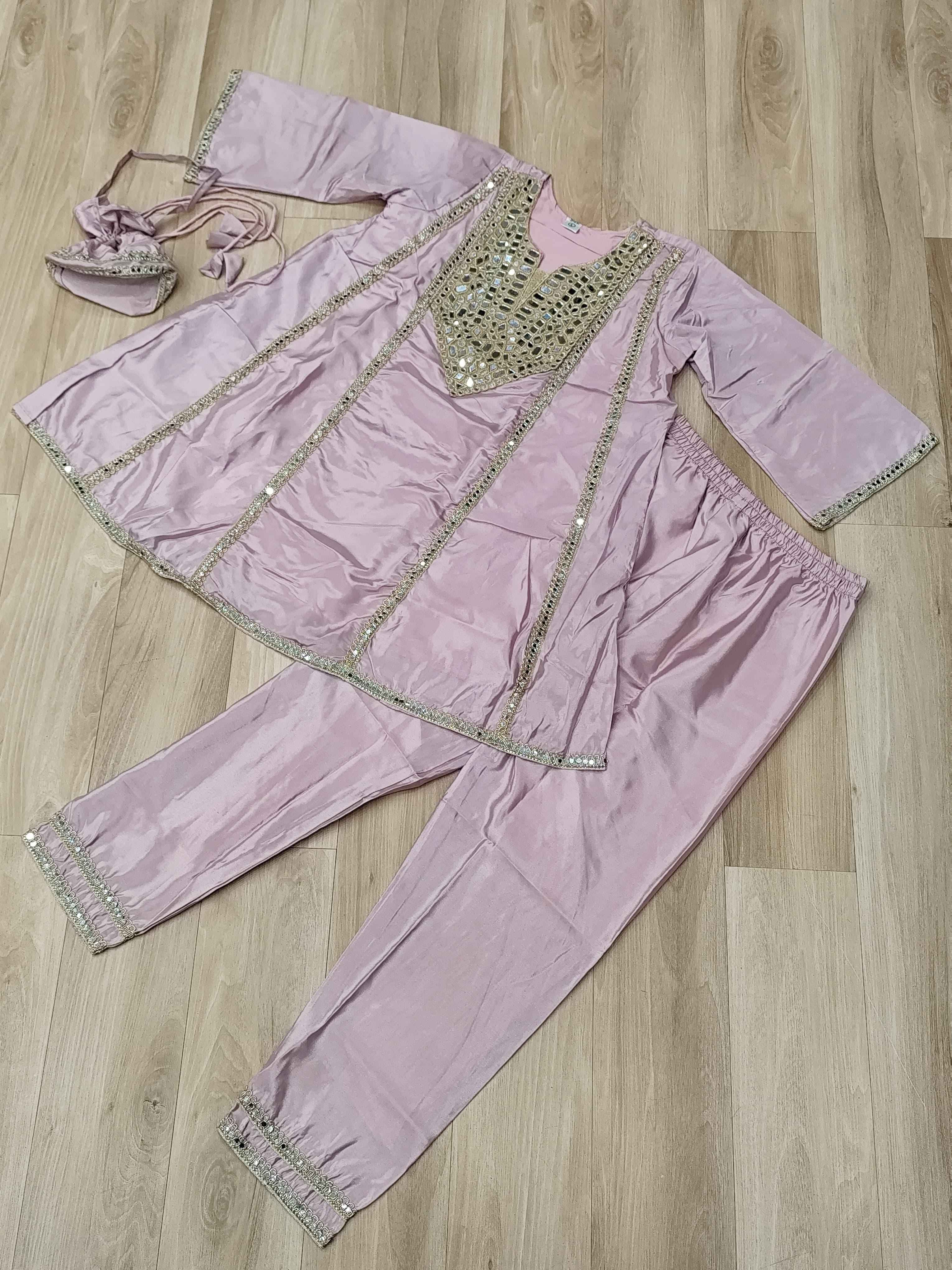Real Mirror Work Kurti Pant Set with Batwa Bag view 2